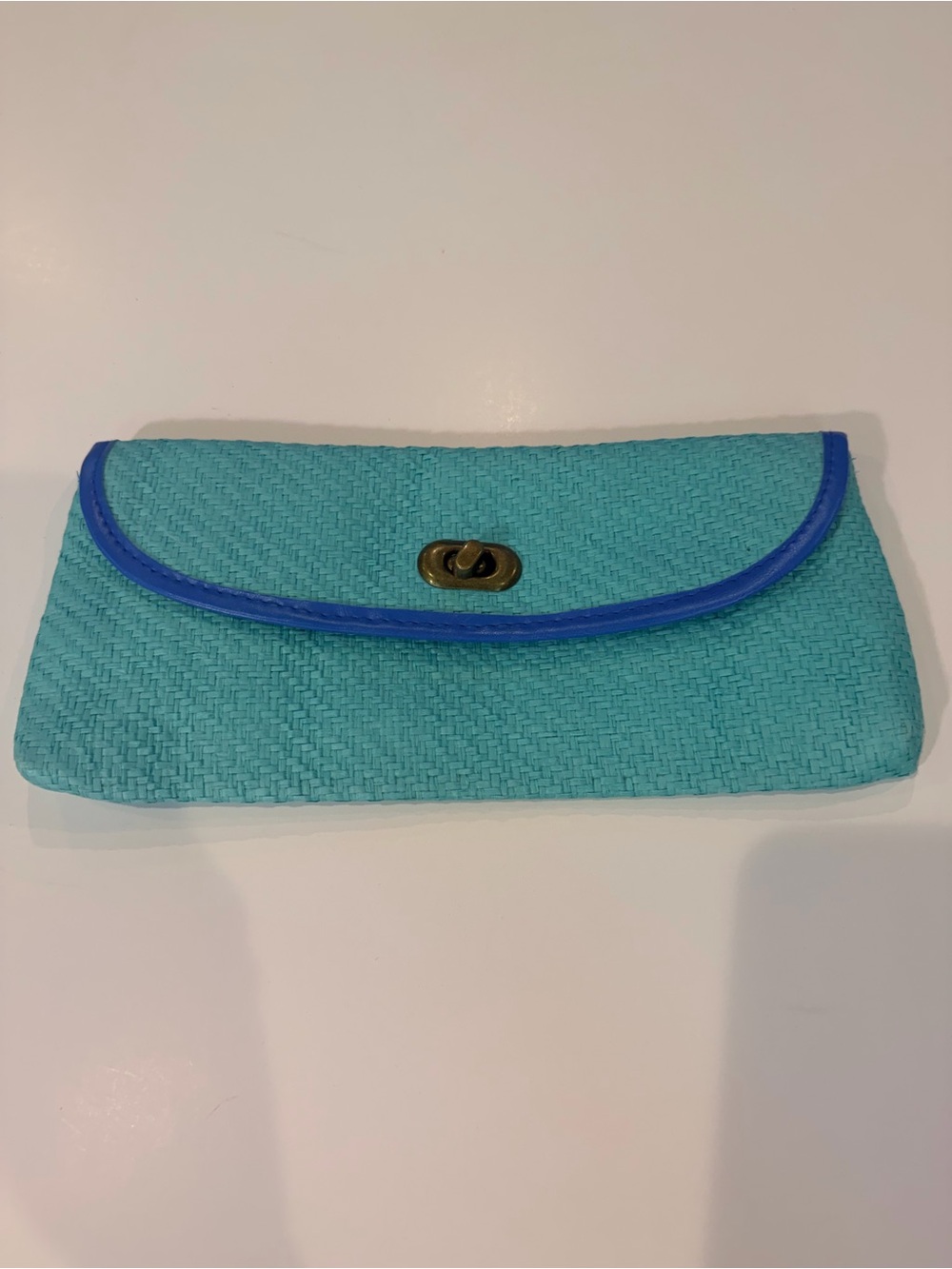 Turquoise Woven Clutch with Blue Trim and Turn-Lock